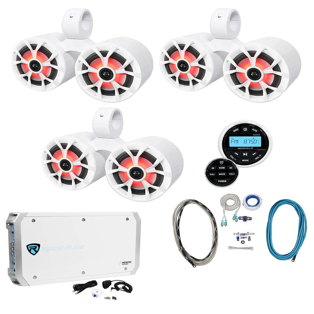 Rockville 3 Dual 6.5" Marine Wakeboard LED Speakers+Receiver+Amplifier+Wires