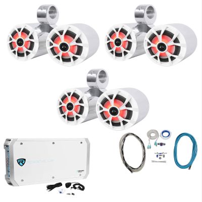 Rockville RKL65MBW Bundle: (3) Pairs 6.5-in Marine LED Speakers 700W Peak/85W RMS Each, (3) DMAC65S Dual 6.5-in Tower Enclosures, RXM-S6 6-Channel Amplifier, RMWK4 Amp Wiring Kit, 8-Items