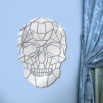 The Geeky Days Skull Head Halloween DIY Horror Wall Art Acrylic Mirror Wall Sticker Geometric Grim Skeleton Head Skull Removable Mural Decals (Silver)