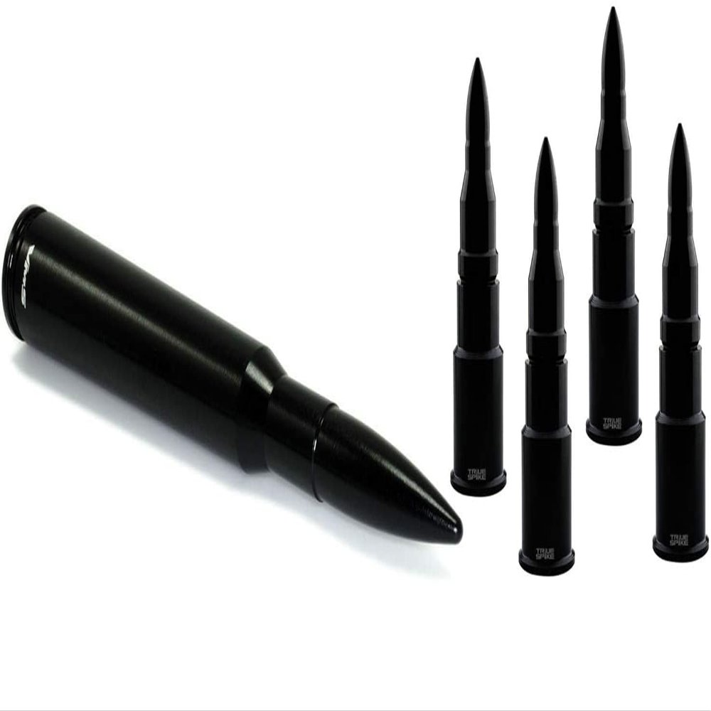 VMS RACING (Combo) 50 Cal Caliber Black Bullet Antenna and 4 pc Black Bullet Tire Air Valve STEM CAPS Cover in Heavy Gauge CNC Machined Billet Aluminum Short Compatible with Ford F150 F250 F350 97-25