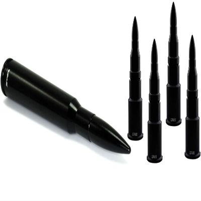 VVMS RACING (Combo) 50 Cal Caliber BLACK BULLET ANTENNA and 4 pc BLACK BULLET Tire Air VALVE STEM CAPS Cover in Heavy Gauge CNC Machined Billet Aluminum Short Compatible with Chevy Silverado 07-20