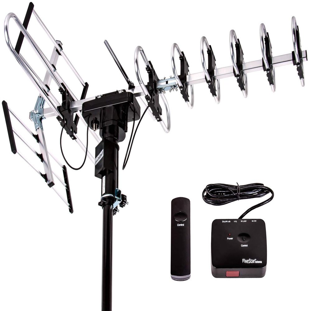 Five Star Outdoor Digital Amplified HDTV Antenna - up to 200 Mile Long Range, Directional 360 Degree Rotation by Remote Control, Intelligent Gain for HD 4K 1080P FM Support 2 TVs