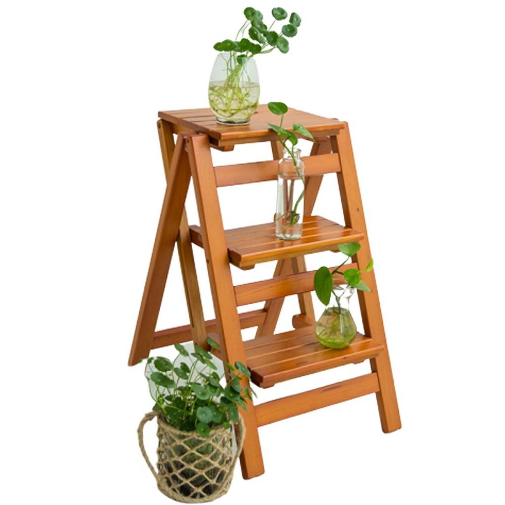 XWZJY High Pedal Stool 3 Steps Wood Ladder Lightweight Storage Shelf Attic Kitchen Office Stair Chair Home Garden Tool,Load Bearing 100kg (Color : Walnut Color)