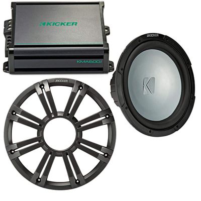 KICKER 12 Inch LED Marine Subwoofer in Charcoal with 600 Watt Amplifier Bundle