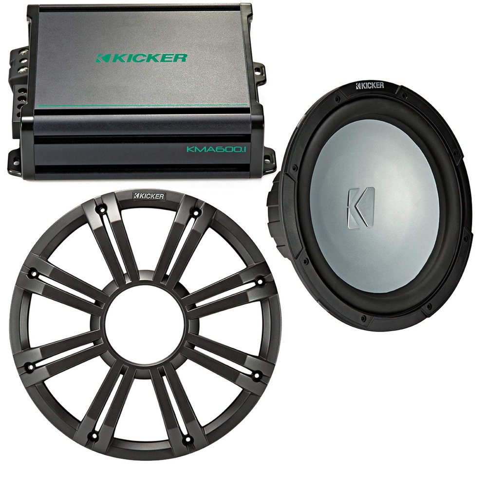 KICKER 12 Inch LED Marine Subwoofer in Charcoal with 600 Watt Amplifier Bundle