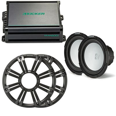 KICKER - Two 10 Inch LED Marine Subwoofers in Charcoal, 1 Pair with 600 Watt Amplifier Bundle