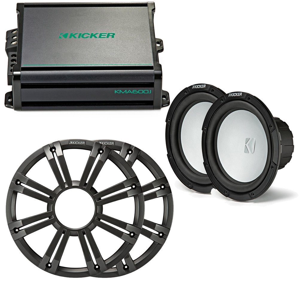 KICKER - Two 10 Inch LED Marine Subwoofers in Charcoal, 1 Pair with 600 Watt Amplifier Bundle
