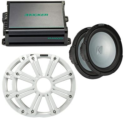 KICKER Dual 12" LED Marine Subwoofer System White (Pair) with 600W Amplifier Boat Audio Bass Upgrade