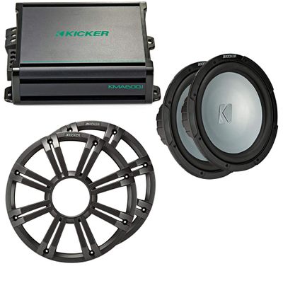 KICKER - Two 12 Inch LED Marine Subwoofers in Charcoal, 1 Pair with 600 Watt Amplifier Bundle
