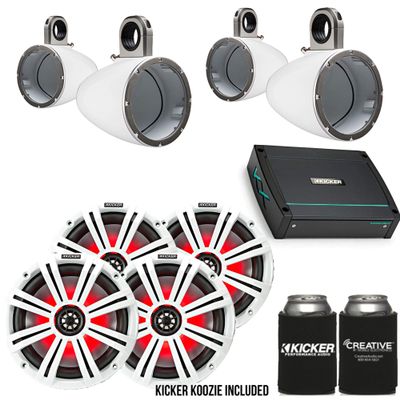 KICKER 8" White Wake Tower LED Marine Speakers 2-Pairs with 400 Watt KXMA Marine Amplifier