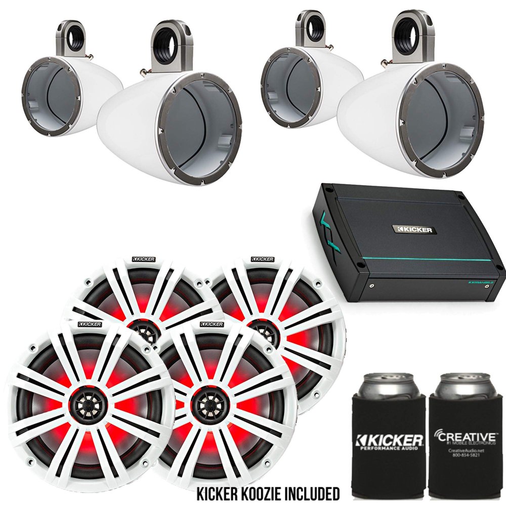 KICKER 8" White Wake Tower LED Marine Speakers 2-Pairs with 400 Watt KXMA Marine Amplifier