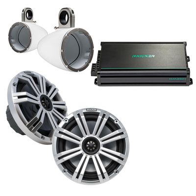 KICKER 8" WhiteSilver Wake Tower LED Marine Speakers 1-Pair with 300 Watt Marine Amplifier