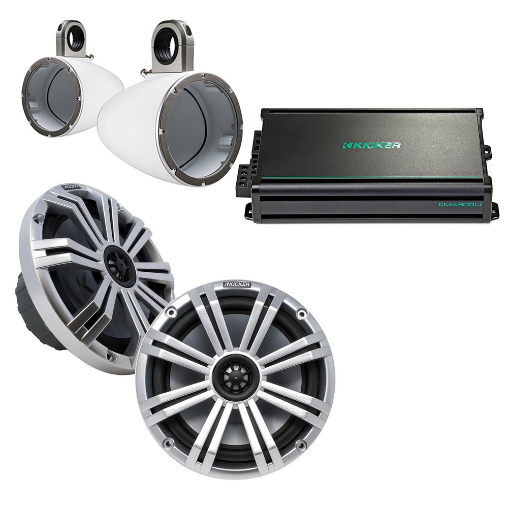 KICKER 8" WhiteSilver Wake Tower LED Marine Speakers 1-Pair with 300 Watt Marine Amplifier