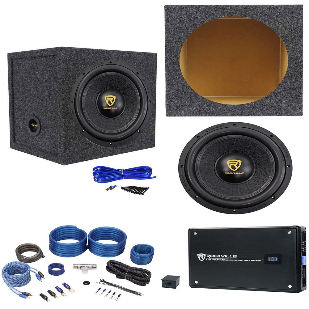 Rockville W12K9D2 V3 Bundle: 12" 4000W Peak/1000W RMS Dual 2-Ohm Car Subwoofer, Krypton-M3 Mono Amplifier, RWK41 4-Gauge Amp Wiring Kit, MDF Box, Sub Box Installation kit, 5-Items