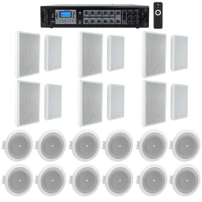 6-Zone Amplifier+12 White Wall+12 JBL Ceiling Speakers for Restaurant/Bar/Cafe