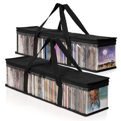 Besti CD Storage Bags - 2-Pack Clear Plastic Holder Case for Music Disc - Sturdy Stitched, Strong Handle, Fits 96 Albums & Movies - Portable Carrying Organizer for Travel, Underbed, Or Cabinet (Black)