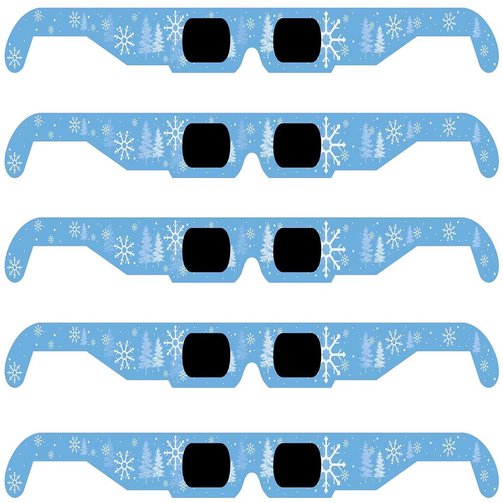 GSM Brands Christmas 3D Glasses - Holiday Specs Transform Lights into Magical Snowflake Image (5 Pack)