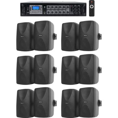 Rockville RCS350-6 Bundle: 350-Watt 6-Zone 70V Commercial/Restaurant Amplifier/Bluetooth, (12) WET-5B 5.25 in 70V Commercial Wall Speakers in Black, for Restaurant/Office/Cafe/Bar, 13-Items