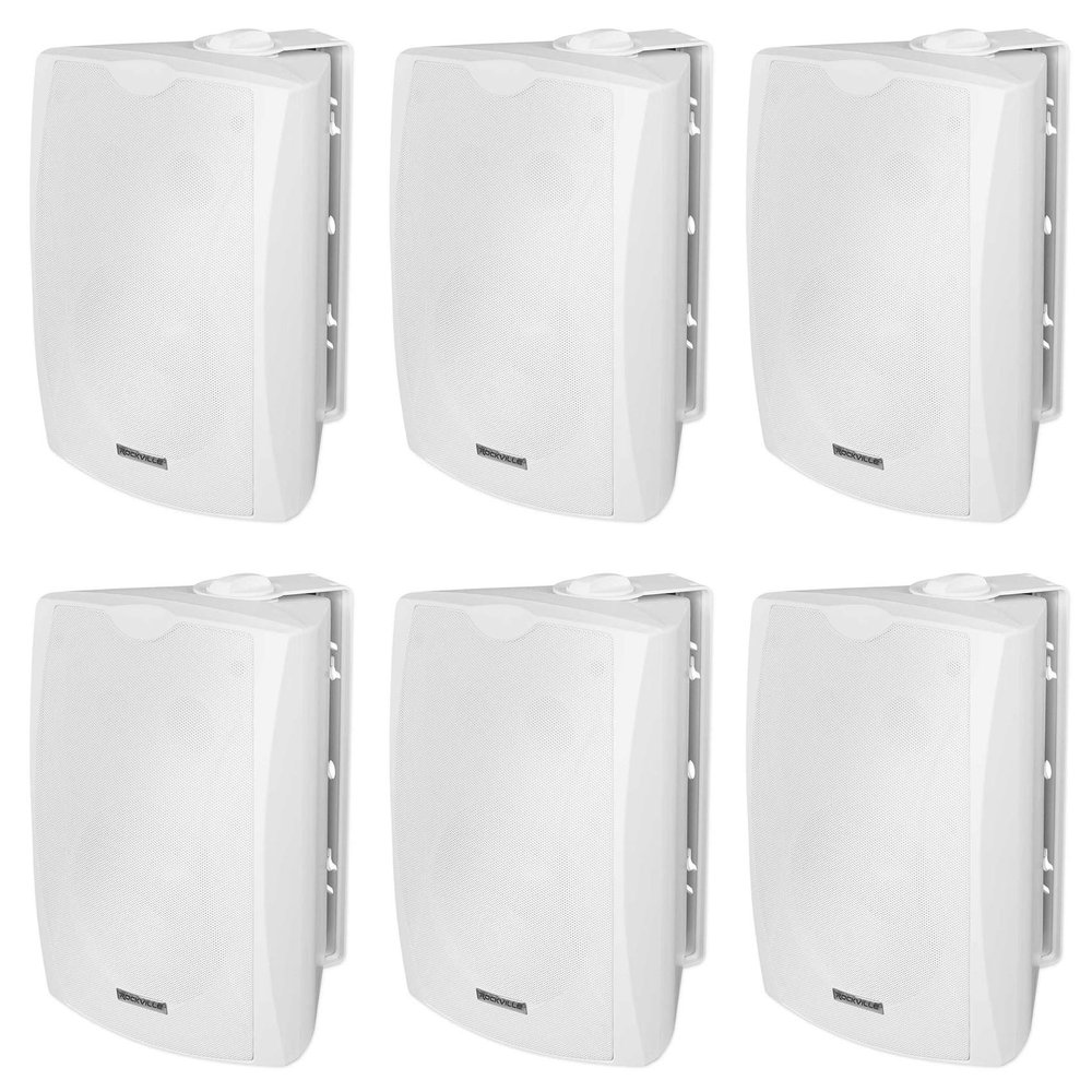 Rockville WET-5W 5.25-in 70V/100V 40W RMS IPX55 Rated Commercial Indoor/Outdoor Wall Mount Speakers w/ABS Waterproof Cabinets, Aluminum Rustproof Grilles & Swivel Brackets, 6-Piece