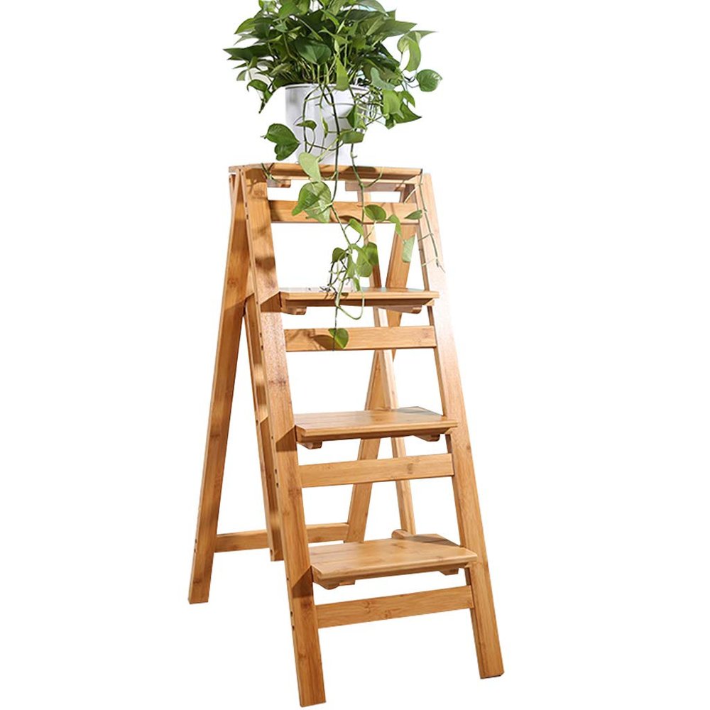 XWZJY 4 Step Mini Step Ladder Folding Solid Wood Step Stool/Staircase Chairs Multipurpose Flower Rack Storage Shelf,Home Garden Tool,Load Bearing 150kg