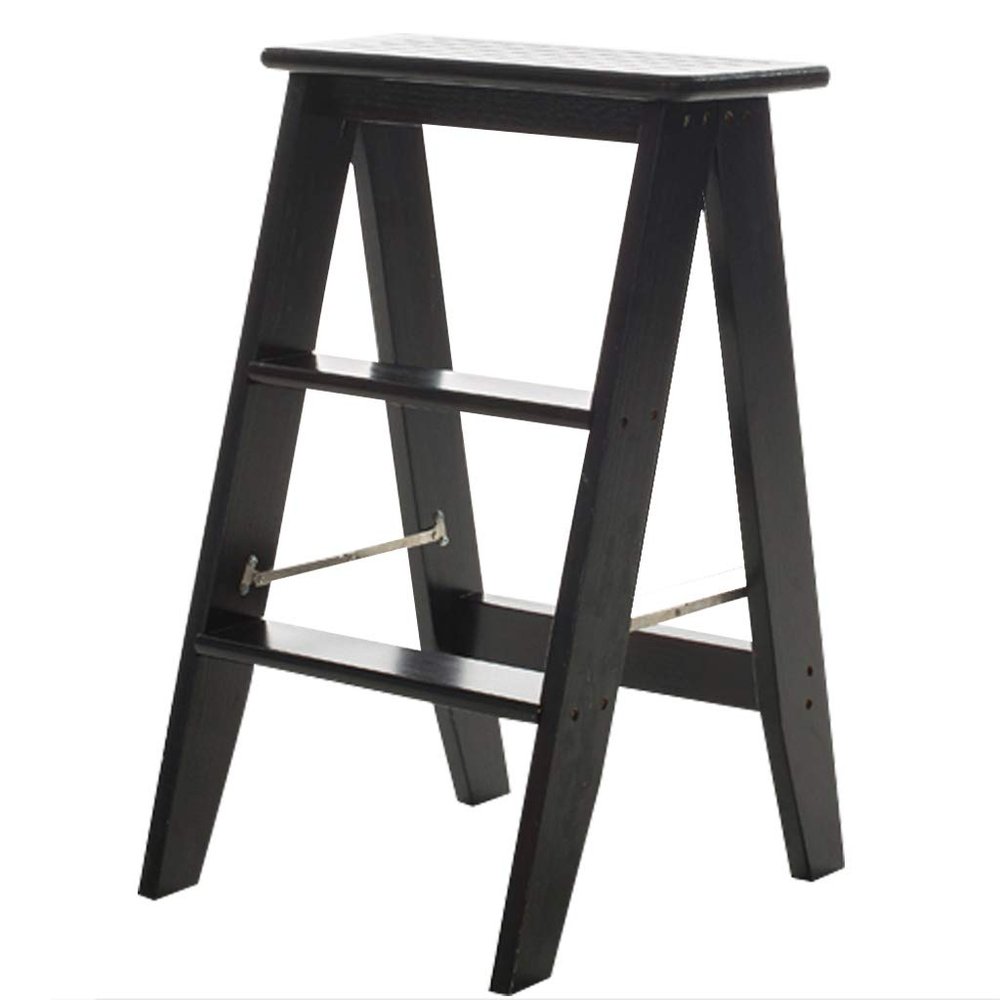 XWZJY Moveable 3 Steps Ladder Thickening Wooden Stairs Chair Folding Step Stool for Living Room/Kitchen/Balcony,Max Load 150kg (Color : Black)