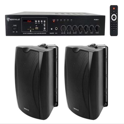 Rockville Commercial Audio Bundle: (2) WET-6B 70V 6.5" IP55 Indoor/Outdoor Wall Black Speakers, RCS80-1 60-Watt 70V Amplifier, Bluetooth Connectivity, 3-Items