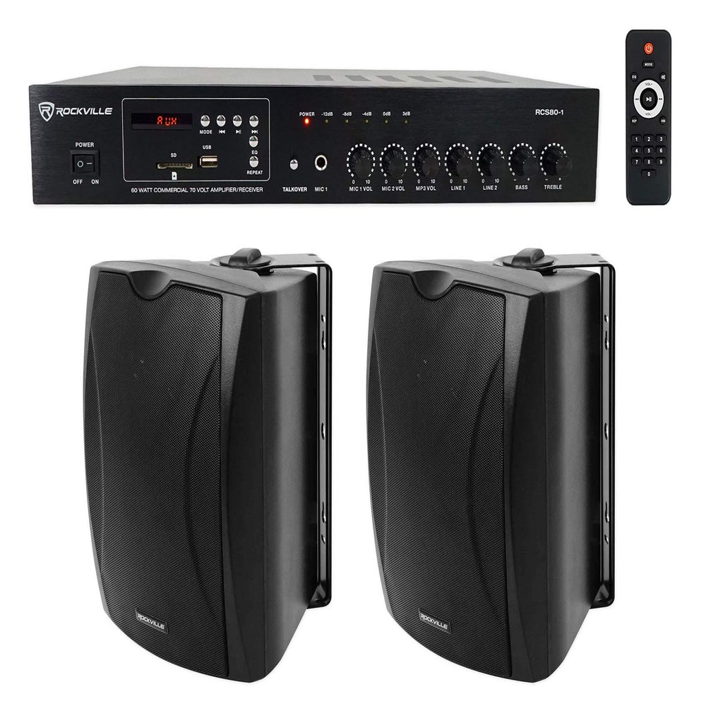 Rockville Commercial Audio Bundle: (2) WET-6B 70V 6.5" IP55 Indoor/Outdoor Wall Black Speakers, RCS80-1 60-Watt 70V Amplifier, Bluetooth Connectivity, 3-Items