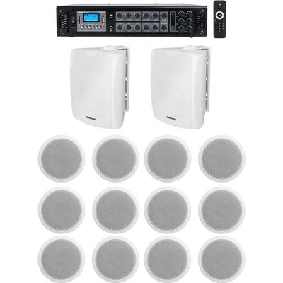 Rockville RCS180-6 Bundle: 6-Zone 70V/100V Commercial Amplifier w/Bluetooth, (2) WET-6W 6.5" IPX55 Wall Speakers, (12) CCL6T 6" 70V Ceiling Speakers, for Restaurant/Office, 6-Items