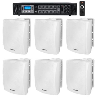 Rockville RCS180-6 Bundle: 184W 6-Zone 70V/100V Bluetooth Commercial Amplifier & (6) 5.25 in 40W RMS WET-5W IPX55 White Indoor/Outdoor Wall Speakers with ABS Cabinets & Swivel Brackets, 7-Items