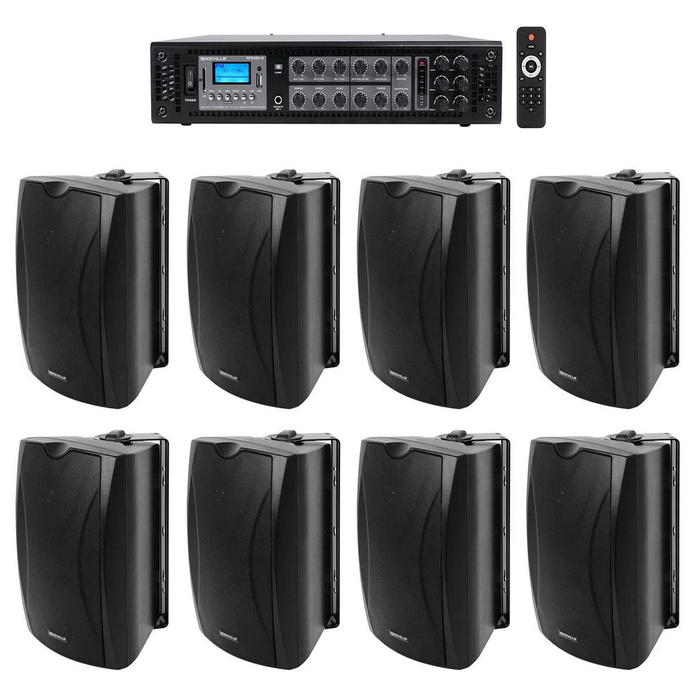 Rockville Commercial Bundle: (8) WET-6B 6.5" IP55 Indoor/Outdoor Black Wall Speakers, RCS180-6 180-Watt 6-Zone 70V Amplifier with Bluetooth for Restaurant/Office/Cafe/Bar 9-Items