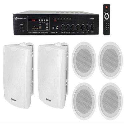 Rockville RCS80-1 Bundle: 70V/100V Commercial Amplifier Bluetooth Receiver 60W RMS, 80W 4-Ohm Output, (2) WET-6W 6.5" IPX55 Wall Speakers White, (4) CCL5T White 5" 70V Ceiling Speakers, 7-Items