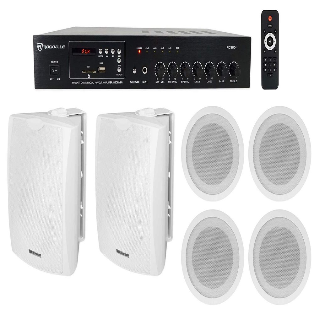 Rockville RCS80-1 Bundle: 70V/100V Commercial Amplifier Bluetooth Receiver 60W RMS, 80W 4-Ohm Output, (2) WET-6W 6.5" IPX55 Wall Speakers White, (4) CCL5T White 5" 70V Ceiling Speakers, 7-Items