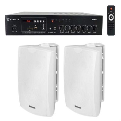 Rockville WET-5W White Bundle: (2) 70V 5.25-in IPX55 Indoor/Outdoor Wall Speakers, RCS80-1 60W 70V Commercial Bluetooth Amplifier Receiver, for Restaurants, Cafes, and Offices, 3 Items