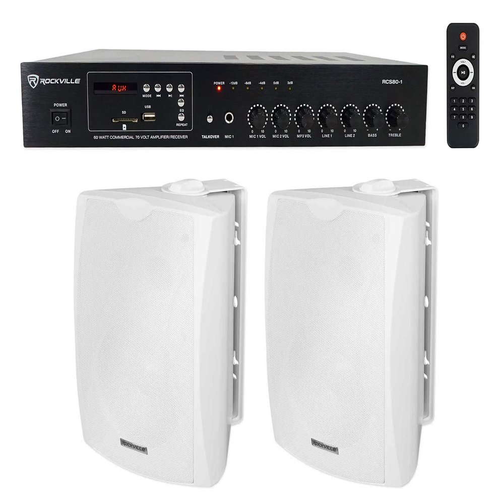Rockville WET-5W White Bundle: (2) 70V 5.25-in IPX55 Indoor/Outdoor Wall Speakers, RCS80-1 60W 70V Commercial Bluetooth Amplifier Receiver, for Restaurants, Cafes, and Offices, 3 Items
