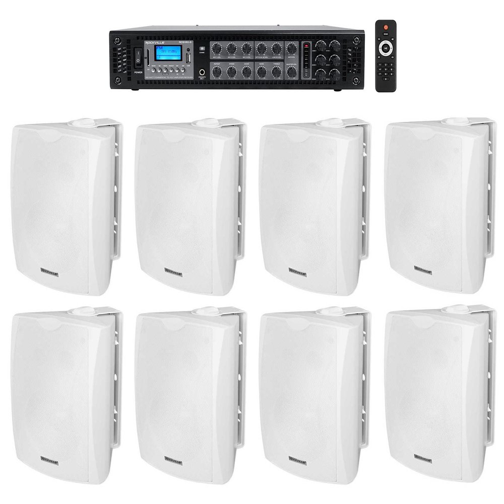 Rockville WET-5W RCS180-6 Bundle: 8 5.25 in 40W RMS / 70W Peak 8 70V IPX55 Commercial Wall Speakers White, RCS180-6 180-Watt 6-Zone 70V Bluetooth Mixer Amplifier 120V, 9-Items