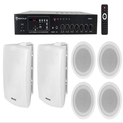 Rockville WET-5W White Bundle: (2) 5.25-in IPX55 Indoor/Outdoor Wall Speakers, (4) CCL5T 70V 5-in Ceiling Speakers, RCS80-1 60W Bluetooth Commercial Amplifier/Receiver, 7-Items