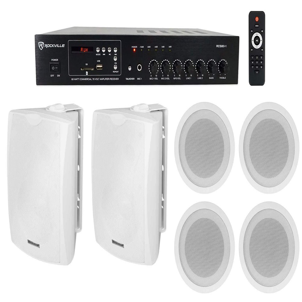 Rockville WET-5W White Bundle: (2) 5.25-in IPX55 Indoor/Outdoor Wall Speakers, (4) CCL5T 70V 5-in Ceiling Speakers, RCS80-1 60W Bluetooth Commercial Amplifier/Receiver, 7-Items