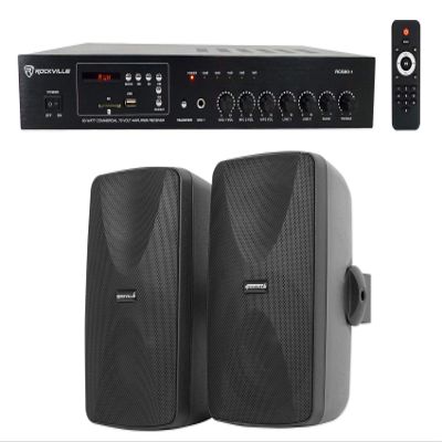 Rockville WET-7020B Bundle: (2) 5.25 in 70V Indoor/Outdoor Wall Speakers 40W RMS Black, RCS80-1 60-Watt 70V Commercial Bluetooth Amplifier Receiver, 3-Items