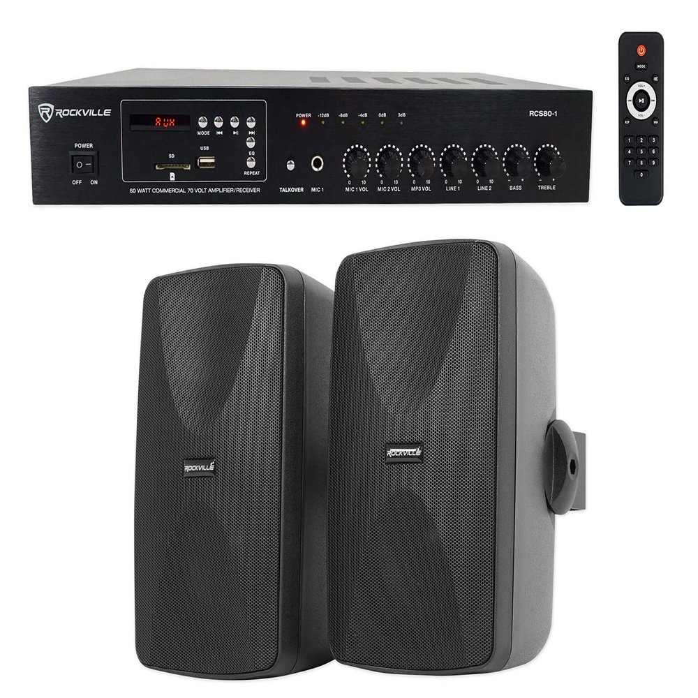 Rockville WET-7020B Bundle: (2) 5.25 in 70V Indoor/Outdoor Wall Speakers 40W RMS Black, RCS80-1 60-Watt 70V Commercial Bluetooth Amplifier Receiver, 3-Items