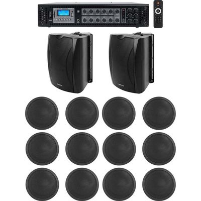 Rockville Commercial Audio Bundle: RCS180-6 180W 6-Zone 70V Amplifier/Bluetooth, (2) WET-6B 70V 6.5" IP55 Wall Speakers, (12) CCL6T 6" Ceiling Speakers, 15-Items