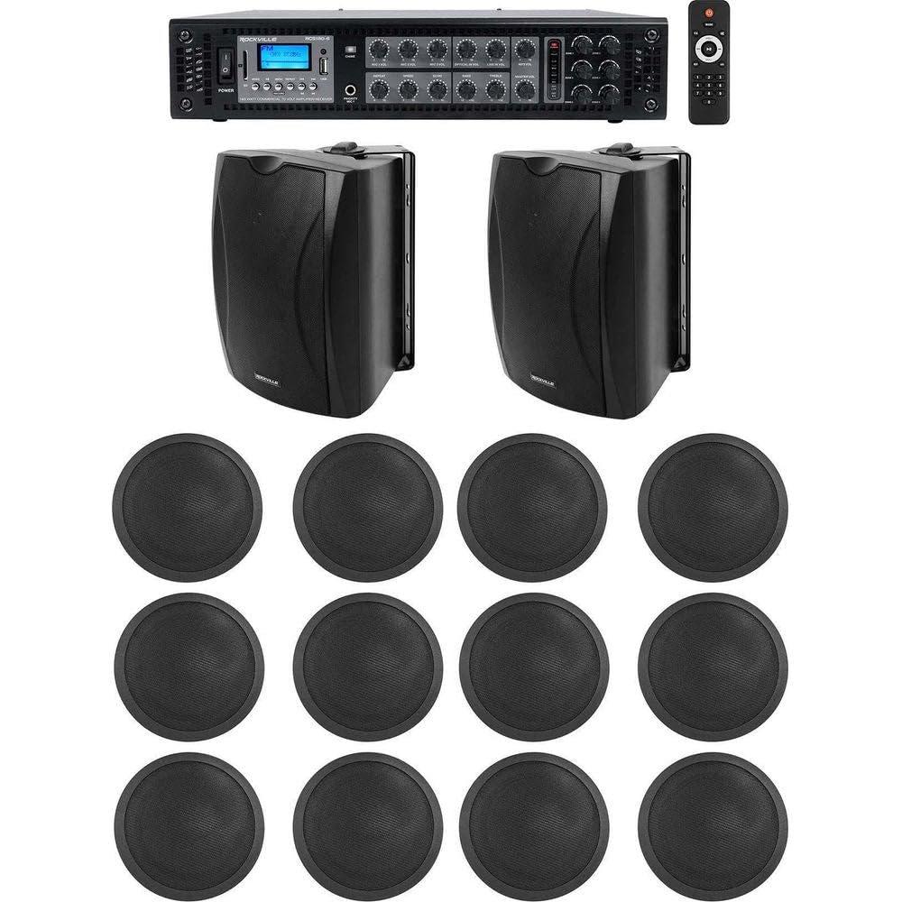 Rockville Commercial Audio Bundle: RCS180-6 180W 6-Zone 70V Amplifier/Bluetooth, (2) WET-6B 70V 6.5" IP55 Wall Speakers, (12) CCL6T 6" Ceiling Speakers, 15-Items