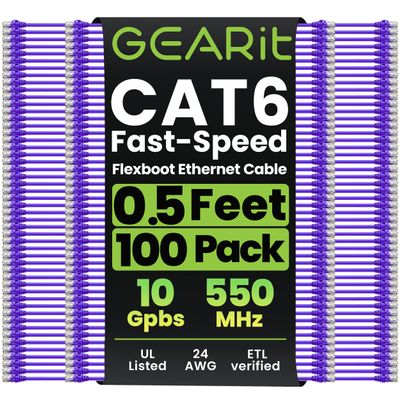 GEARit 100-Pack Cat6 Patch Cable 0.5 Foot / 6 Inches Cat 6 Ethernet Cable Snagless Flexible Soft Tab - Premium Series - Purple