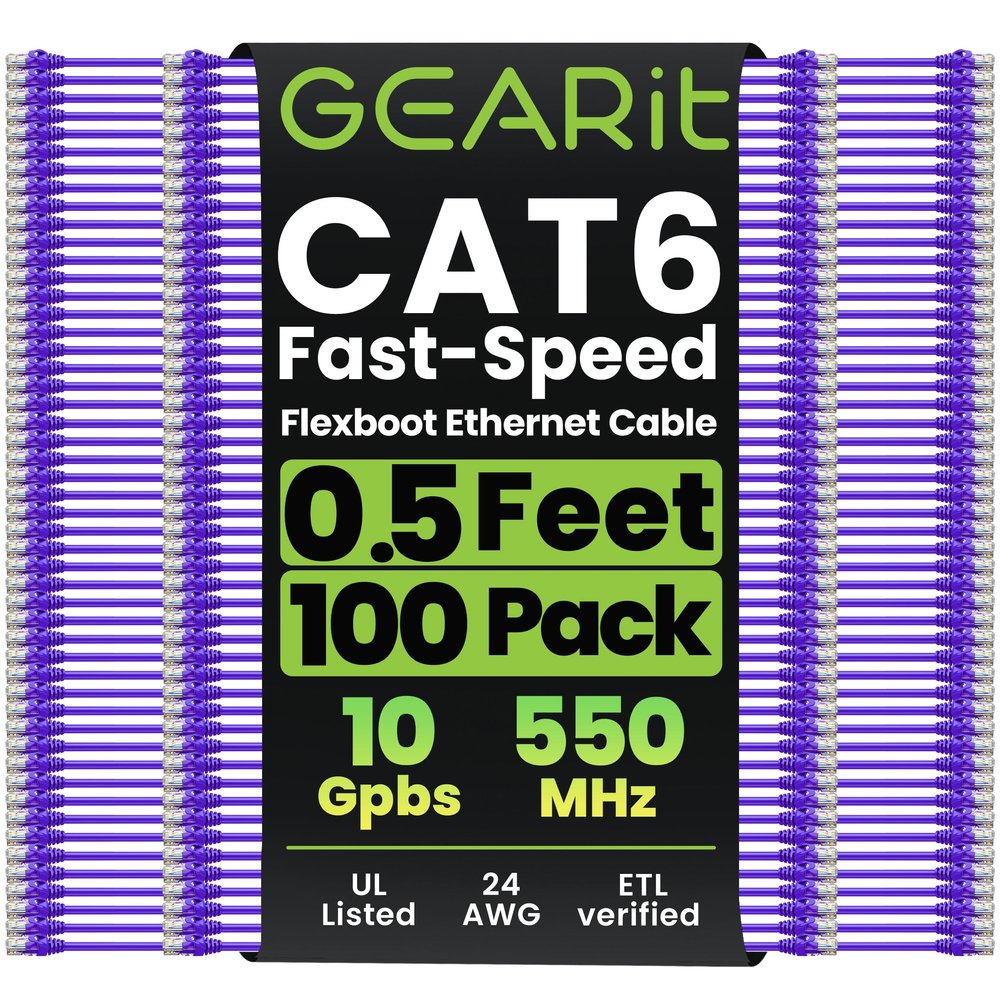 GEARit 100-Pack Cat6 Patch Cable 0.5 Foot / 6 Inches Cat 6 Ethernet Cable Snagless Flexible Soft Tab - Premium Series - Purple