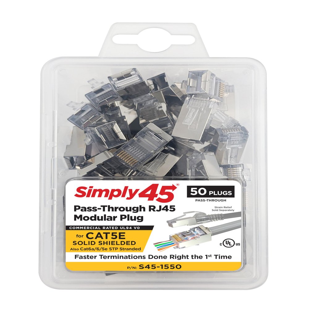 Simply45 Shielded Internal Ground Pass-Through RJ45 Modular Plugs for 24AWG Solid (Cat5e STP), 28-26AWG Stranded (Cat5e/6/6a STP Stranded) - 50-Piece/Jar - S45-1550