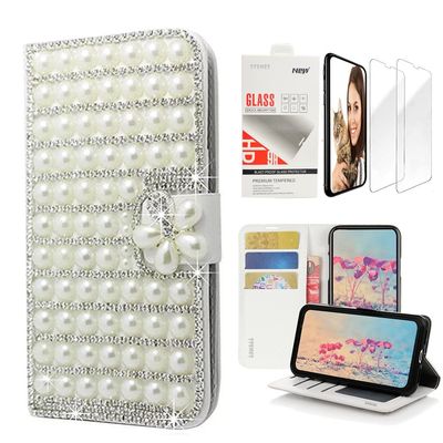 STENES Bling Wallet Phone Case Compatible with OnePlus 7T Pro - Stylish - 3D Handmade Pearl Lattice Flowers Design Leather Cover with Screen Protector [2 Pack] - White