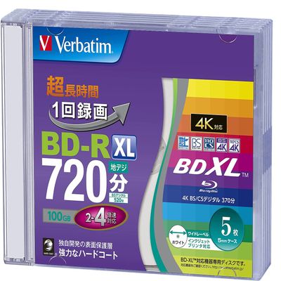 Verbatim VBR520YP5V2 Blu-ray Disc BD-R XL 100GB 5 White Printer 3 Layer 2-4x Speed Single Side