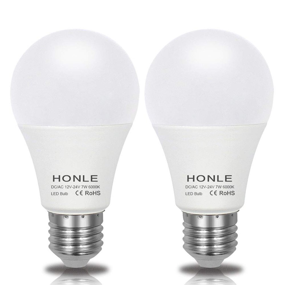 Honle E26 E27 LED 12-24V AC/DC Low Voltage 7W Daylight White 6000k Standard Edison Base 60W Halogen Bulb Equivalent for Rv Off Grid Solar Panel Project Lighting Boat Garden Landscape Pack of 2