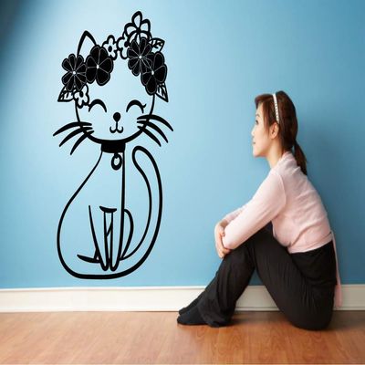 Cute Cat Flowers Kitty Animal Kitten Cats Wildlife Wall Sticker Art Decal for Girls Boys Room Bedroom Nursery Kindergarten House Fun Home Decor Stickers Wall Art Vinyl Decoration Size (40x35 inch)