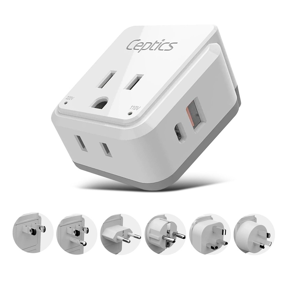 Ceptics World Power Plug Adapter Set, Dual USB & USB-C 3.1A, 20W with QC-PD, 2 USA Outlet Compact & Powerful, Use In Europe, Asia, Australia, Japan, Includes Type A, B, C, E/F, G, I SWadAPt Attachment