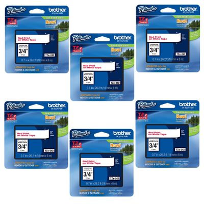 Brother Genuine P-Touch TZE-242 Tape, 3/4" (0.7 mm) Standard Laminated P-Touch Tape, Red on White, Laminated for Indoor or Outdoor Use, Water-Resistant, 26.2 ft (8 m), Single-Pack (6)